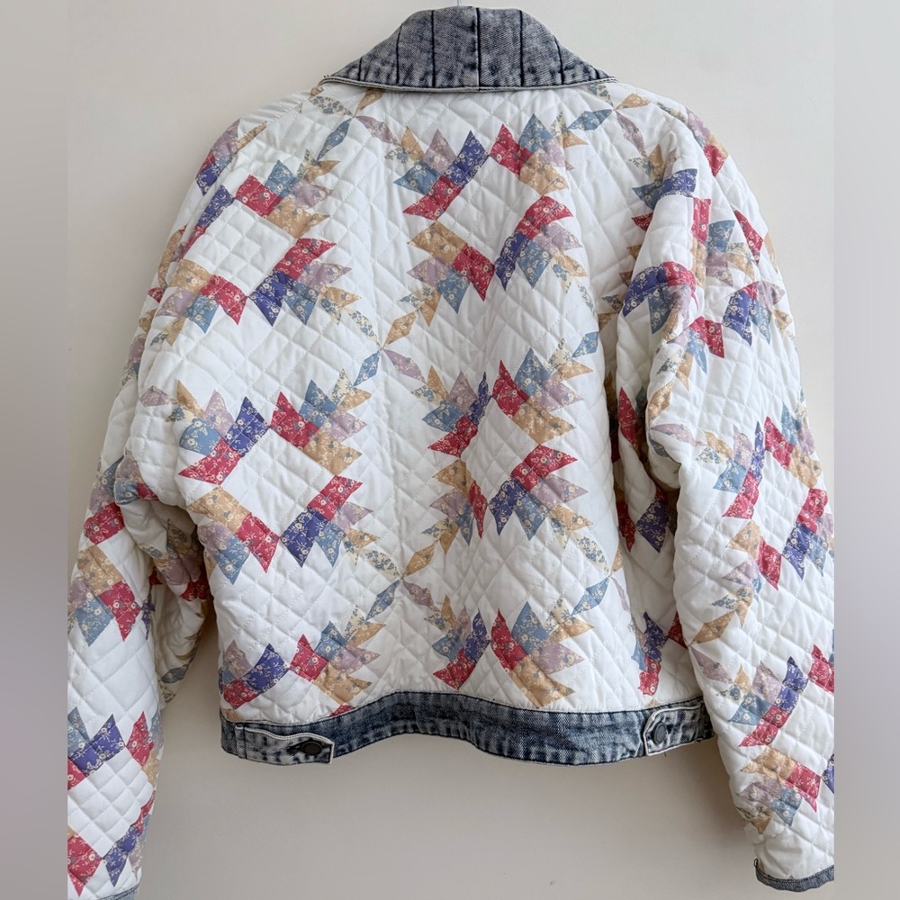 Blank NYC Quilted Patchwork Cropped Jacket in Cream, Blue & Coral - Picture 3 of 16